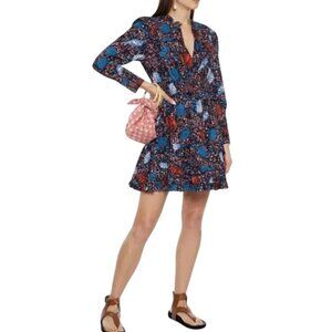 Ulla Johnson Ismaya Mini Dress Womens 0 Blue Red VNeck Cotton Poplin Long Sleeve